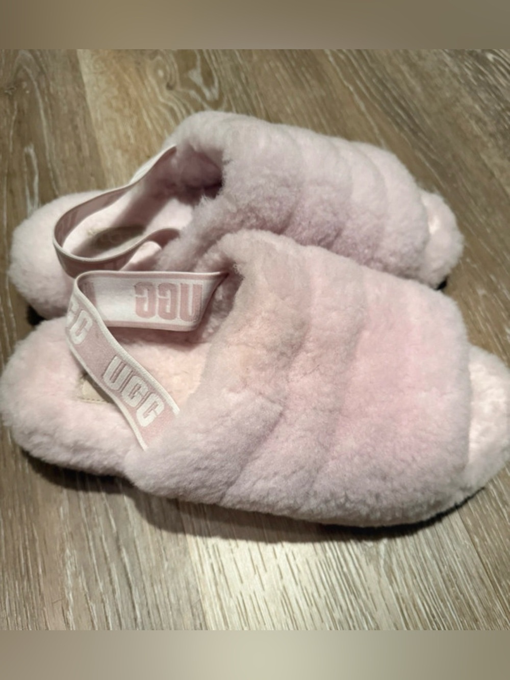 UGG Pink Plush Slide Slippers with Branded Heel Strap